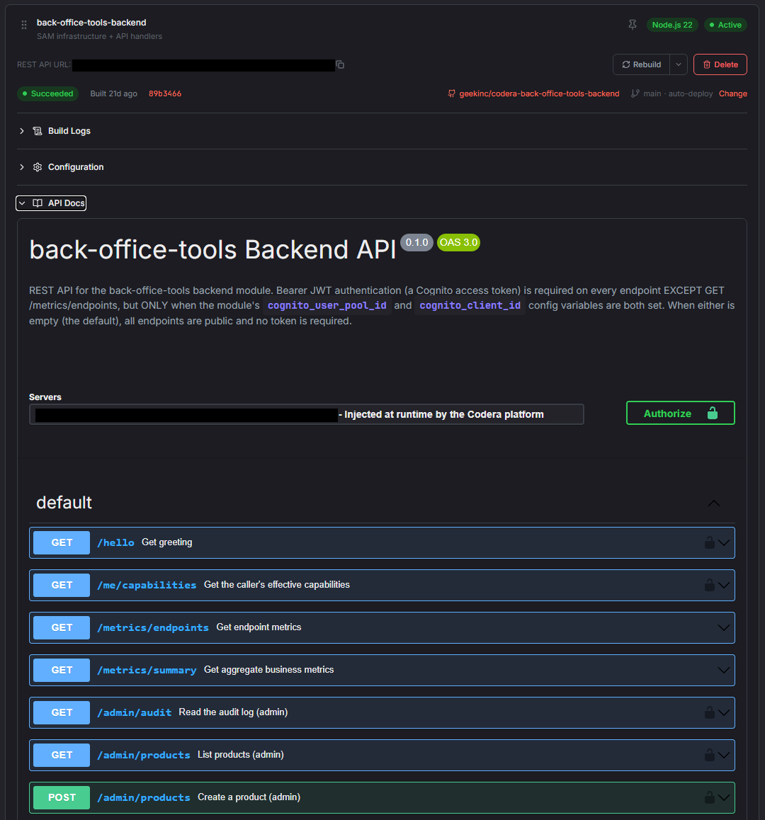 Every backend module gets interactive API documentation.