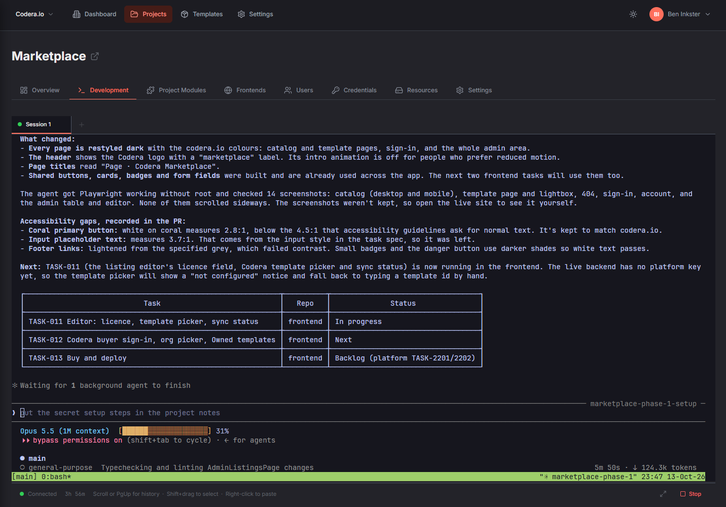 Codera AI Dev Environment: Claude Code running in the browser on a project's Development tab, reporting completed work and the next tasks