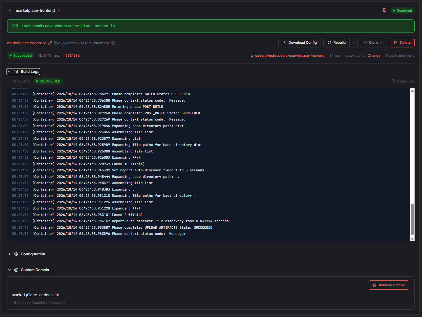 Frontends build on every push and serve from your own domain.
