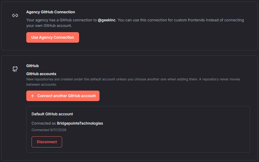 GitHub settings for a client organization: the agency's shared GitHub connection alongside the client's own GitHub account