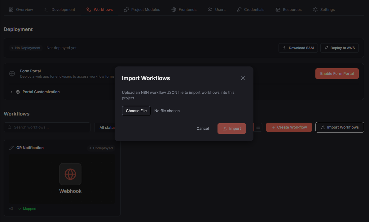 Import Workflows dialog in a Codera project: upload an n8n workflow JSON file to add its workflows to the project