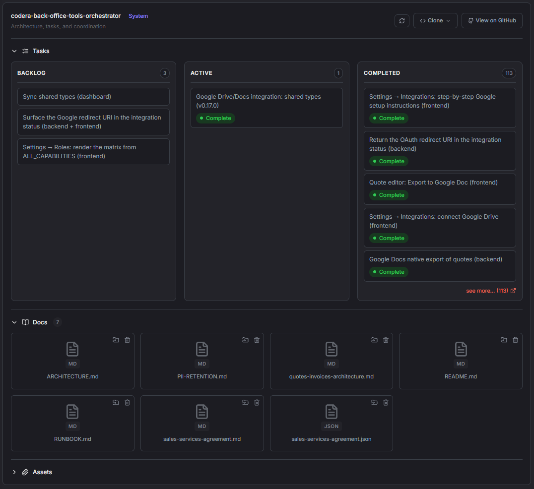 Orchestrator repo card with a backlog, active, and completed task board alongside the project's architecture and runbook docs