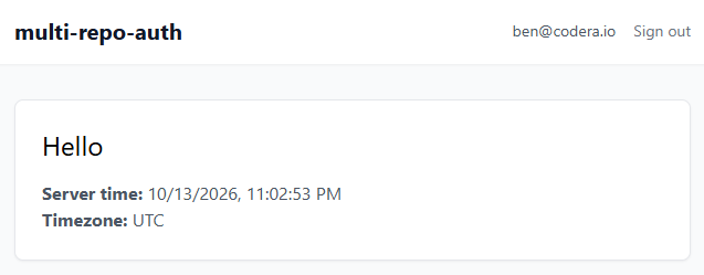 Signed-in home page of a new template project, showing the time returned by its backend