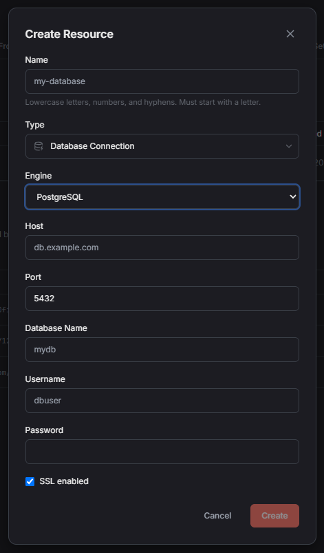Or connect your own Postgres or MySQL database.