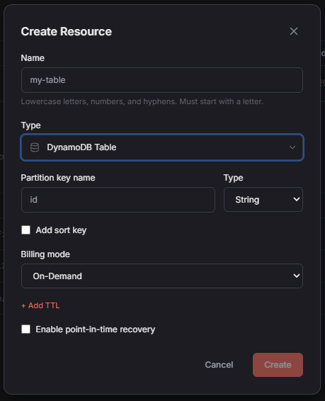 Add a DynamoDB table in a few clicks.