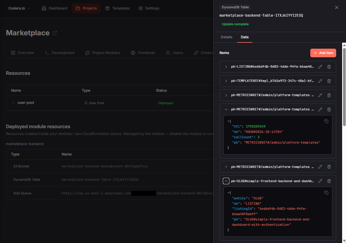 Codera project resources: user pool, S3 bucket, DynamoDB table, and SQS queue in your AWS account, with the table's data open for browsing and editing