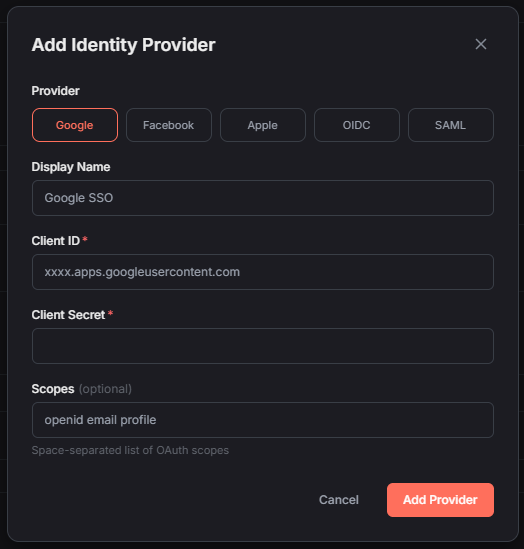 Add Google, Facebook, Apple, OIDC, or SAML sign-in for your users.