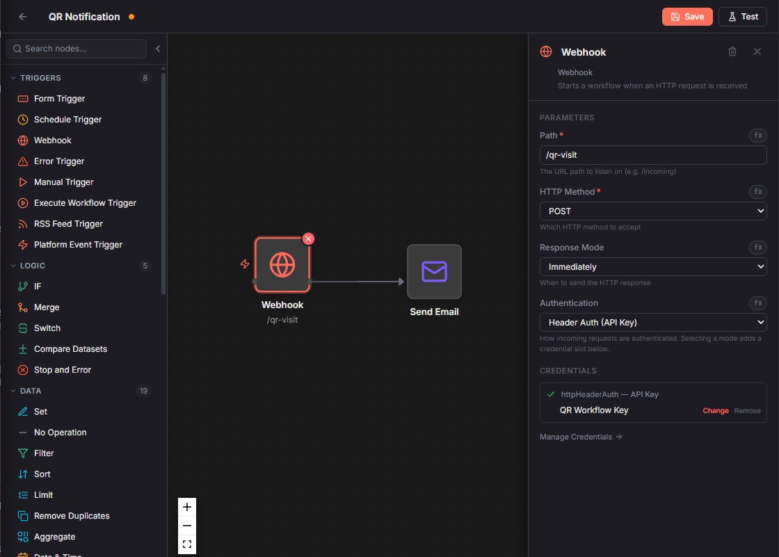 An imported workflow open in Codera's visual editor, with the webhook's parameters and its API key credential in the side panel